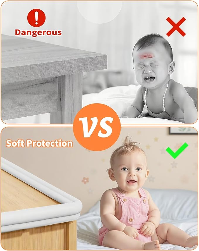 QYV Edge Protector for Baby Proofing, 6.6FT 0.67’’Th L-Shape Air Buffering Soft NBR Rubber Foam Furniture Edge Bumper Guards with 6 Corners, Pre-Taped, Thick Table Bumper Guard for Babies (White-gray)