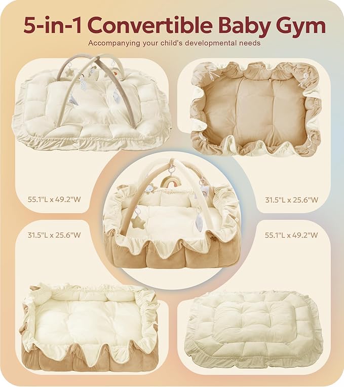Mallify 5-in-1 Plush Baby Play Gym, Baby Play Mat, Convertible Baby Gym with Blanket and 6 Toys, Tummy time mat, Baby Activity Center from Newborn to Toddler, Baby Gym, Baby Newborn Essentials,Cream