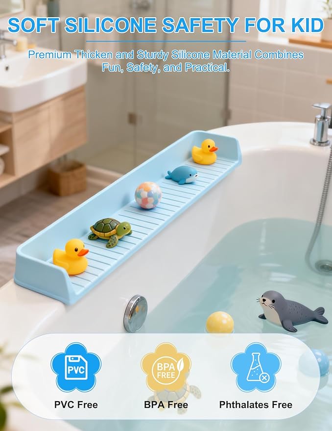 Splash Guard for Bathtub 31.5 Inch Silicone Tub Splash Guard with 11 Suction Cups Foldable Bath Toy Holder & Play Shelf Prevents Water Spills for Standard Tubs (Sky Blue)