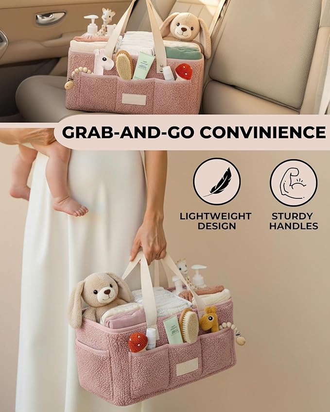 Toodly Baby Diaper Caddy Organizer with Portable Changing Mat - Teddy Fleece Diaper Organizer for Changing Table - Basket for Changing Essentials - Baby Essentials Organizer with Removable Dividers
