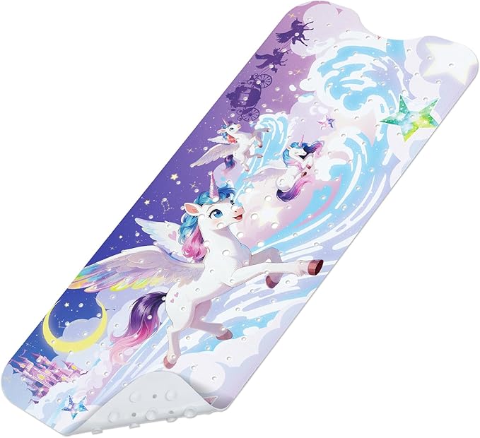 Omedecal Baby Bath Mat for Tub, Non Slip Kids Bath Shower Mat, 40 X 16 Inch Large Bathtub Mat with Drain Holes and Suction Cups for Toddlers, Machine Washable and Waterproof (Unicorn)