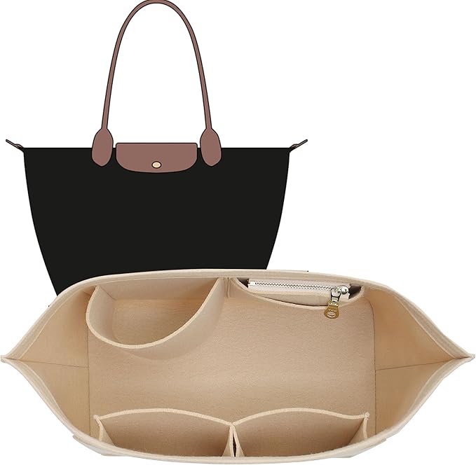 Felt Purse Organizer Insert Compatible with Longchamp Le Plaige M Tote Bag(Longg Handle), Zipper Long Champ Medium Organizer with Cup Holder, 8 Compartments Bag Insert(Beige,M)