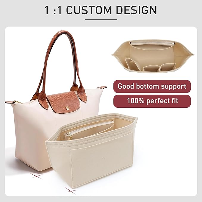 Felt Purse Organizer Insert Compatible with Longchamp Le Plaige M Tote Bag(Longg Handle), Zipper Long Champ Medium Organizer with Cup Holder, 8 Compartments Bag Insert(Beige,M)