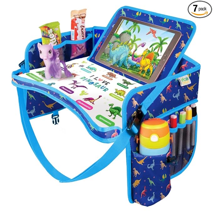 Kids Travel Tray - Waterproof Car Table with No-Drop Large Tablet Holder - Car Seat Tray - Road Trip Must Haves - Lap Desk Kids Organizer for Airplane - Toddler Travel Activities (Blue)