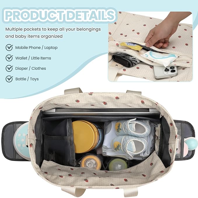 Pritent Large Travel Diaper Bag Tote with 14 Inch Laptop Sleeve, Breast Pump Bag for Mom and Dad, Mommy Maternity Travel Baby Bag for Boys and Girls, Strawberry