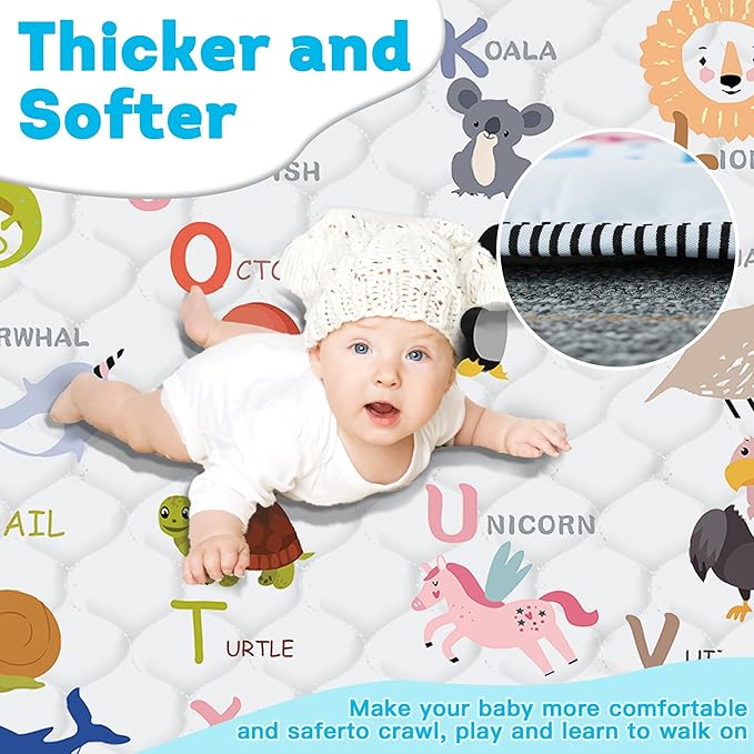 Baby Play Mat，Thick Soft 71" X 59" Playpen mat, Non-Slip and Machine Washable Baby Play Mats for Floor，Crawling Mat for Babies, Toddlers & Infants to Play and Learn (Animal Alphabet-A)