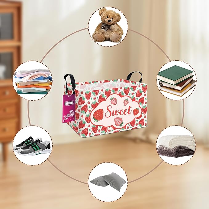 INGHUA Rectangular Storage Basket Fabric Organizer Bin for Toys,Books,Clothes,Gifts,Pets-Perfect for Home,Office,Nursery,Dorm,Shelf(Rec-strawberry)
