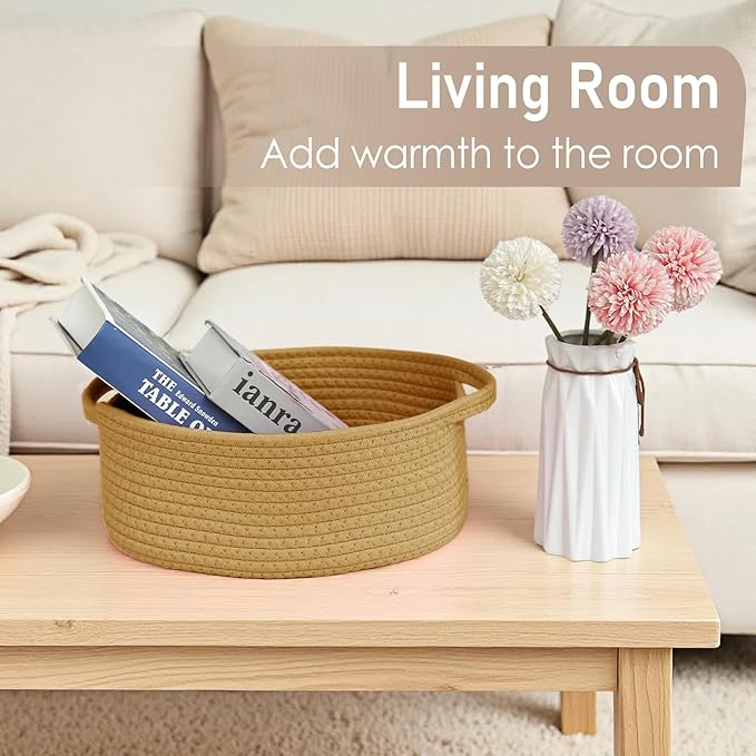 JMvicyroam Woven Basket,Small Rope Storage Bin with Handles & Ribbon Bag, Organizer for Shelves Closets,Gift Basket Empty for Birthday,Books,Dog Toys, Jute/2 Pack