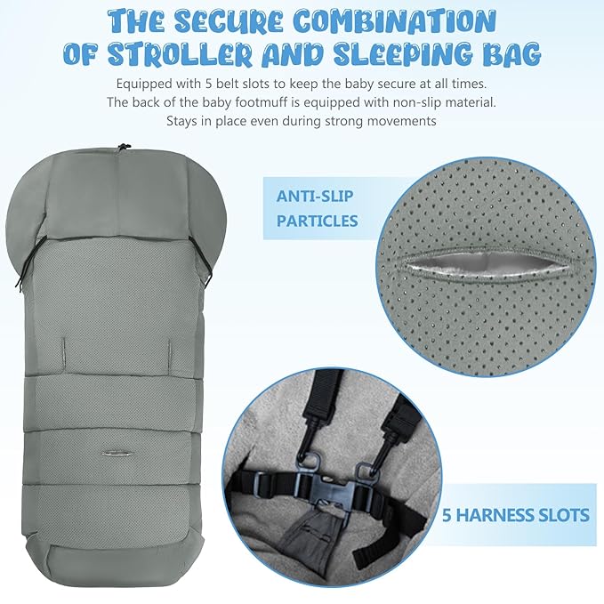 Universal Baby Footmuff for Strollers,Stroller Cover for Winter with Hooded Design,Waterproof and Windproof Winter Sleeping Bag with Coral Fleece Lining, Baby Bunting Bags for Most Strollers (GREY)