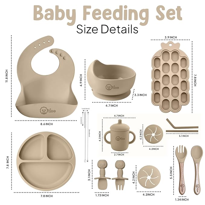 O'doe Baby Weaning Set – 15 Pcs Silicone Baby Feeding Set with Suction Plate, Bowl, Bib, Sippy Cup, Fruit Feeder & Freezer Tray – Baby Plates and Bowls Set for 3M+ | BPA-Free Baby Dishes & Utensils
