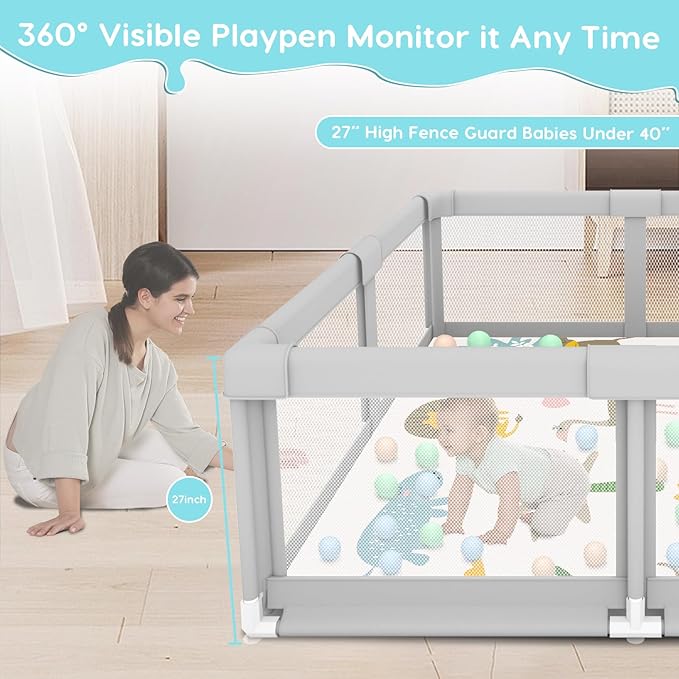 Fshibila Baby Playpen with Mat, Baby Playpens for Babies and Toddlers, BabyFence Play Pen for Indoor & Outdoor, Sturdy Safety Play Yard with Soft Breathable Mesh, 50 * 50 * 27 inches Grey