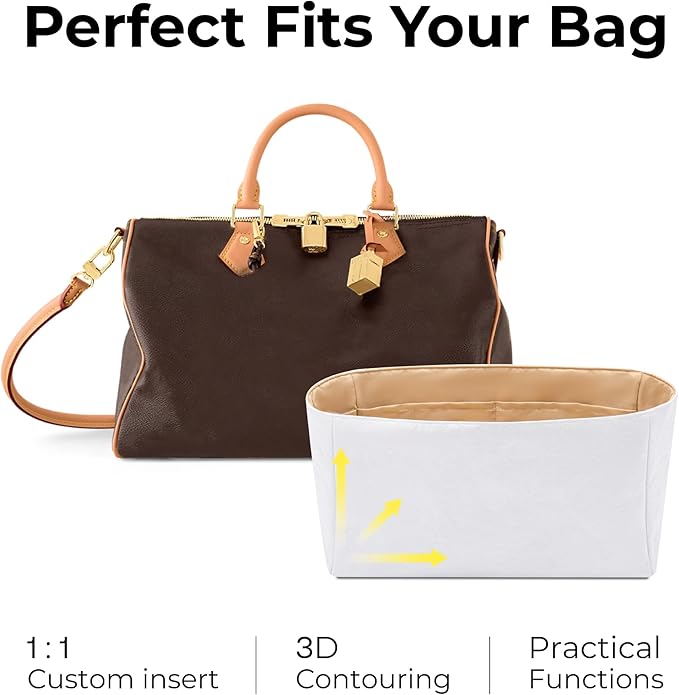 Tote Bag Organizer Insert for LV Soft Speedy Dark Handbag,Custom Fit Inside Premium Vanile Lightweight WaterResistant Purse Insert with Cup Holder Accessories