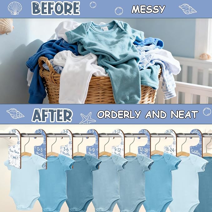 Baby Closet Dividers 8PCS, Blue Shell & Bows Themed Wooden Double-Sided Clothes Size Hanger/Organizer from Newborn to Toddler for Nursery Decor Baby Shower Birthday Party Gift