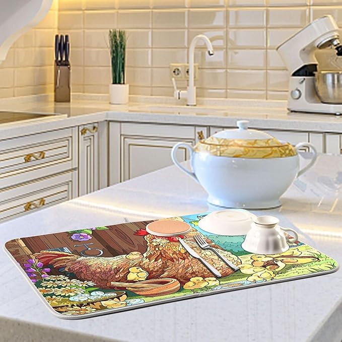 Absorbent Dish Drying Mat for Kitchen Counter - Rooster Birdie Chick Microfiber Drying Pad, Reversible Drainer Mats for Countertop, Small 16" x 18"