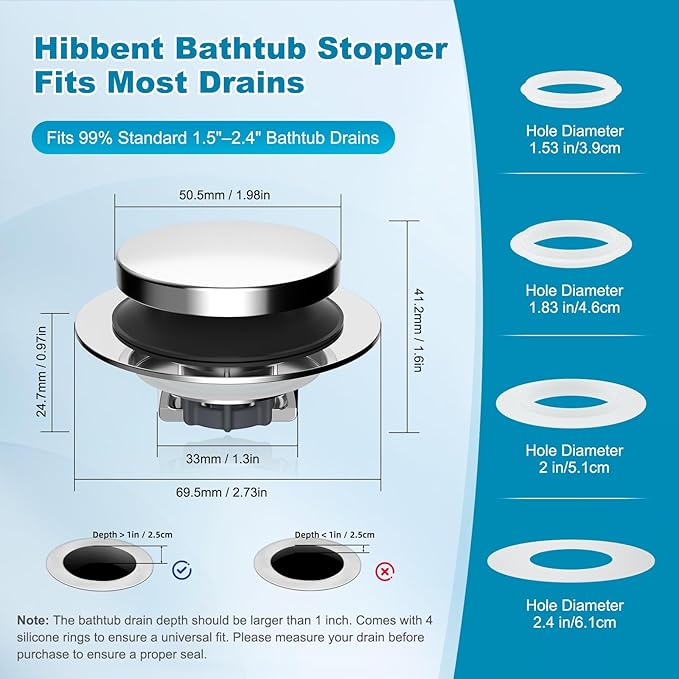 Hibbent 3 in 1 Metal Bathtub Drain Stopper, Universal Pop Up Tub Stopper, Bathtub Drain Hair Catcher, Removable Filter Basket, Anti-Clogging Drain Plug for 1.5''~2.4'' Drain, Brass Bullet Core, Chrome