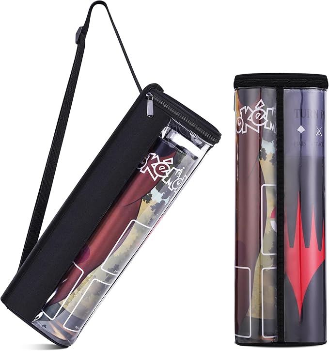 Speqerk Playmat Tube Fits 14'' or 15'' 2 pcs Playmats, Playmat Case Compatible with TCG/MTG Playmats, Playmat Storage Bag Equipped with SeeThrough Window, Hidden Pocket and Adjustable Shoulder Strap