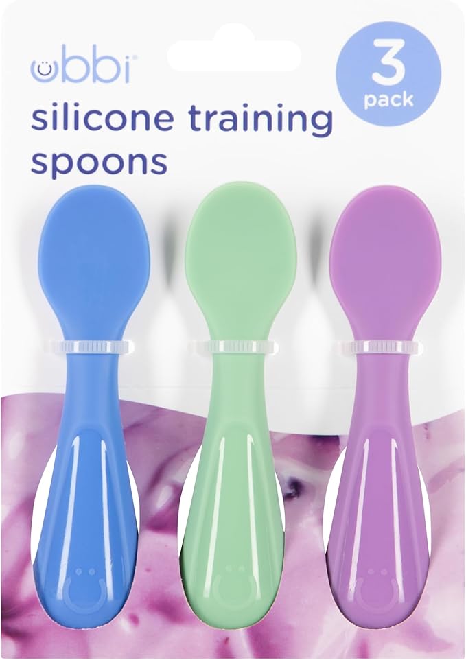 Ubbi Silicone Baby Training Spoons, 3-Pack Soft-Tip Self-Feeding Utensils for Baby-Led Weaning, Easy-Grip Toddler Spoons, BPA-Free, Dishwasher Safe