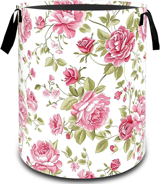 VODRM Classic Rose Floral Laundry Basket, Dirty Collapsible Clothes Toy Organizer Hamper for Kids Adults, Oxford Cloth Waterproof Storage Bin for Bedroom Bathroom Home Decor Gifts, 19.7"X15.7"