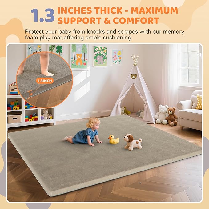 Omzer Baby Play Mat for Floor: Soft & Safe - 1.3'' Thick Foam Playpen Mats with Machine Washable Removable Cloth Cover for Tummy Time - Non Slip Crawling Pad for Toddler, Infant, Kids (Khaki, 65''x 50'')