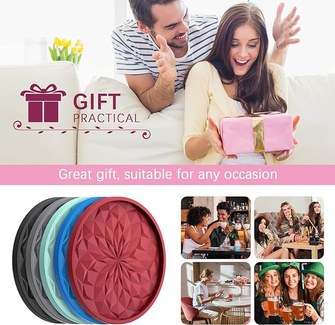 ME.FAN Silicone Coasters with Holder,[6 Pack] Drinking Coasters - Cup Mat for Hot or Cold Drinks, Thickened, Non-Slip, Non-stick,Deep Tray Red