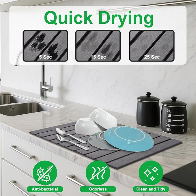 Stone Drying Mat for Kitchen Counter Large, Foldable Quick Dry Diatomaceous Earth Mat for Dishes Bottles Cups, Absorbent Collapsible Stone Dish Drying Mat for Countertop Bathroom 23" x 15.3"