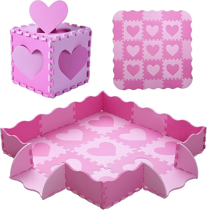 Tamiplay Foam Play Mat for Kids, 25pcs Square Interlocking Puzzle Floor Mat, Baby Toddler Playmat with Fence - Pink Heart