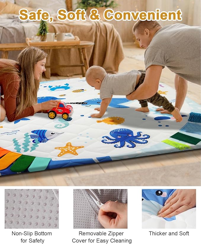 Premium Foam Baby Play Mat 50x50, 4 Developmental Zones Play Mat with Removable & Machine Washable Cover, Extra Thick Padding Playpen Mat, Easy to Clean for Infants, Toddlers & Babies