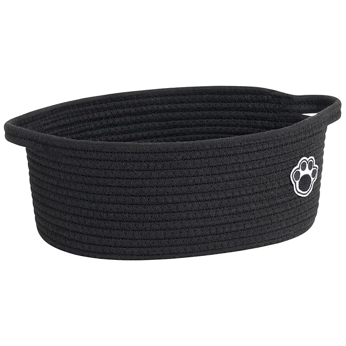 Dog Toy Basket, Black Woven Baskets for Cats Toys Organizer, Baby Gift Basket for Nursery Bedroom, Cute Pet Toy Box with Handles