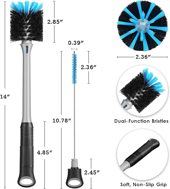 MOSOLAN 2-in-1 Water Bottle Brush and Straw Cleaner Brush, Long Handle Water Bottle Scrubbing Brush for Water Bottles, Glasswares, Mugs, Flasks, Tumblers and Kitchen Sink, Black, 2 Pack