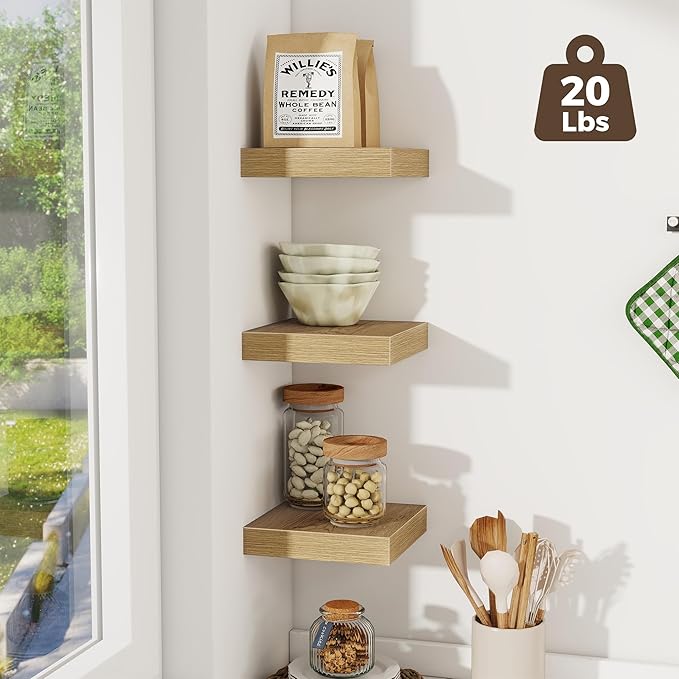 Fun Memories Small Floating Shelves for Wall - 8 Inch Square Wall Shelves with Invisible Brackets, Oak Shelves for Bathroom, Living Room, Bedroom, and Kitchen Decor, Set of 3