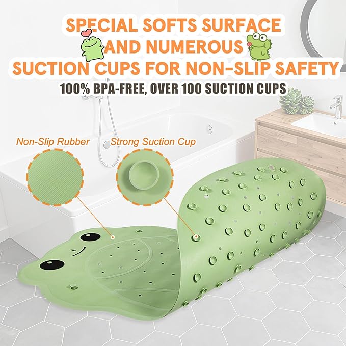 Blue Bath Shower Mat for Toddlers, BPA-Free Cartoon Frog Bathtub Mat Non Slip, Soft Rubber Bath Mat for Tub, Shower Bath Mats with Suction Cups & Drain Holes for Inside Shower and Bathroom