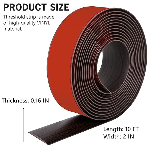 10Ft Floor Transition Strip Self Adhesive Vinyl Cover Floor Strip Flat Divider Transition Strip Wood Grain Design for Laminate Floor Gaps and Doorway Transitions (10Ft x 2 Inch, Brown)