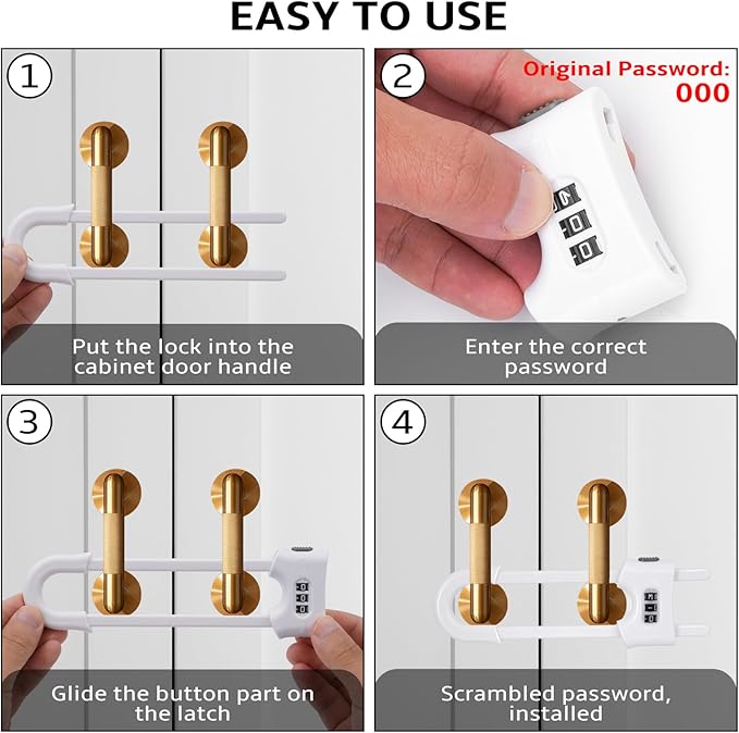 4 Pack Cabinet Locks with Combination U Shaped Sliding Cabinet Door Lock Child Proof Cupboard Locks Baby Proof Adjustable Safety Lock for Closet Code Latches Knob Handle Drawers - White