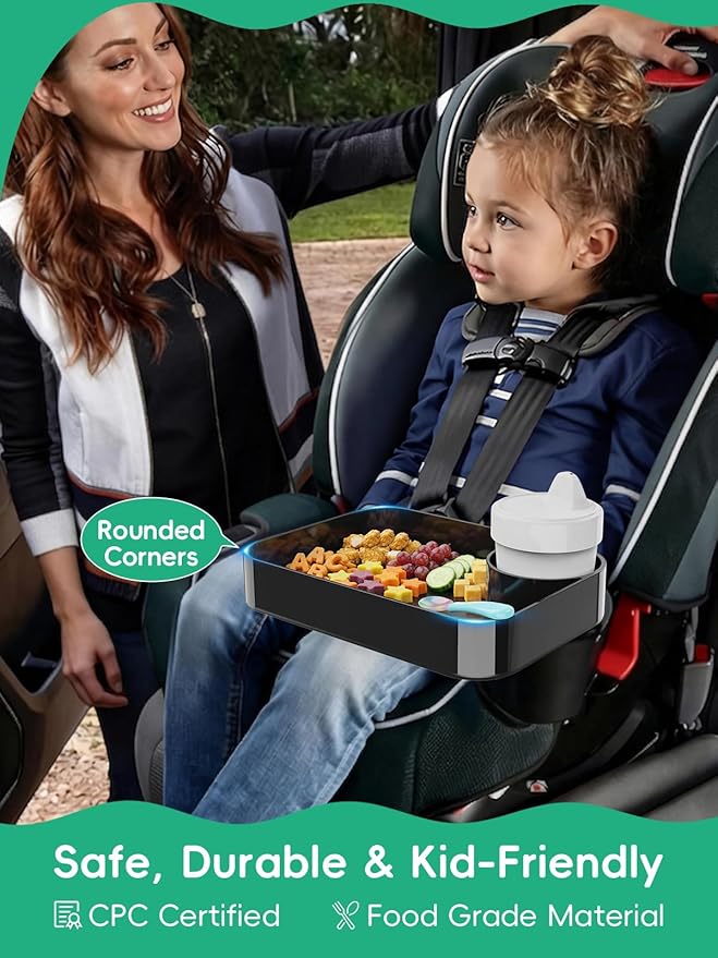 2PCS BBSDA Car Seat Cup Holder Snack Tray for Kids, Reduces Mess, Detachable Large Base & Adjustable Ring, Carseat Tray for Toddler, Car Seat Food Tray Table for Kid Travel Road Trip Essentials