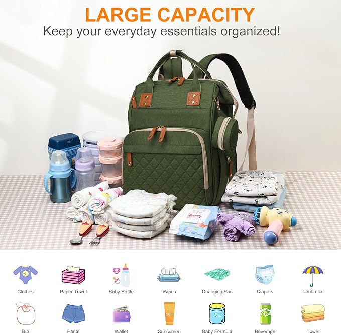 Lamroro Diaper Bag with Changing Station, Waterproof 3 in 1 Baby Diaper Backpack with Foldable Changing Pad, Large Travel Back Pack for Girl Boy, Green
