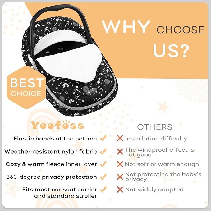 Yoofoss Baby Car Seat Cover Winter Carseat Canopies Cover to Protect Baby from Cold Wind, Super Warm Plush Fleece Baby Carrier Cover for Infant Boys Girls (Stars)