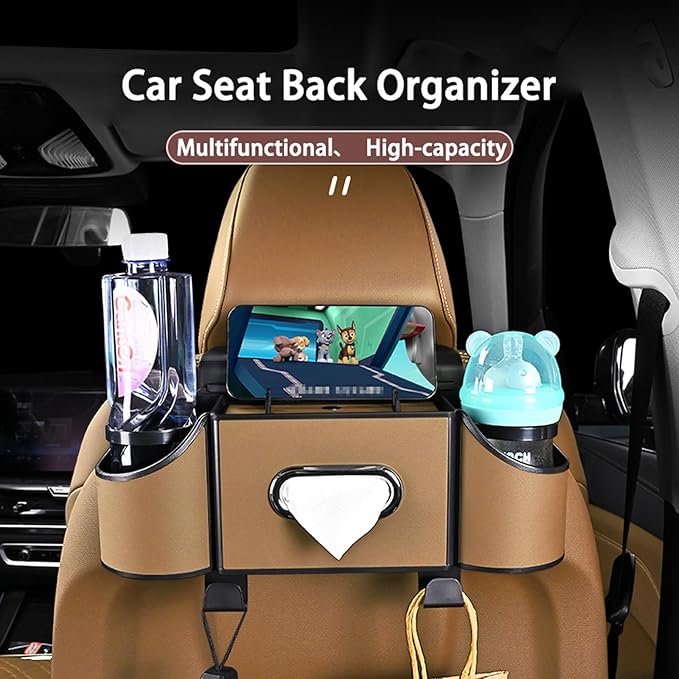 Back Seat Car Organizer,4 in 1 Multifunctional Car Back Seat Storage Box with Drink Cup Holder Tissue Box, for Hold Phone,Snacks, Drinks, Handbag-Light Brown