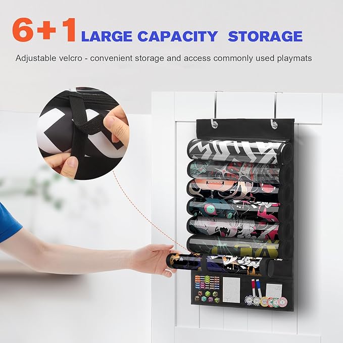Playmat Tube Storage Bag with 6+1 Slots for MTG, TCG - Hangable Playmat Holder Over The Door,Portable Game Mat Organizer Case with XL Mesh Pockets & 2 Hooks for RPG Card Games