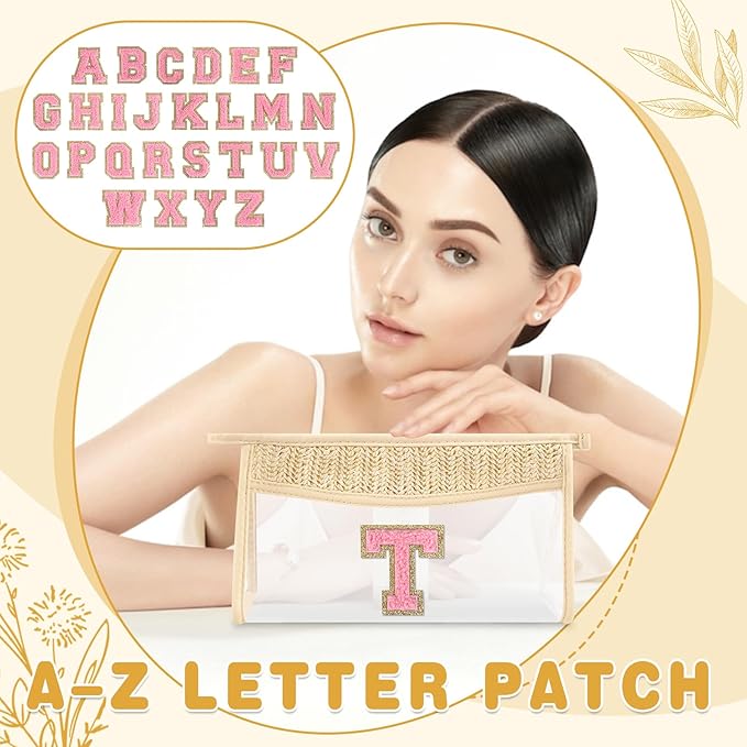 Small Boho Straw Initial Letter Makeup Bag Personalized Gift ,Cute Clear Chenille Patch Makeup Bag With Zipper,Trendy TSA Approved Travel Toiletry Bag,Gift for Women Girls Birthday Friend, Letter T