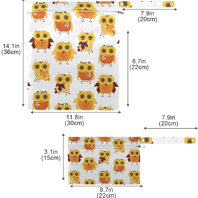 visesunny Owl with Sunflower Eyeglasses Animal 2Pcs Wet Bag with Zippered Pockets Washable Reusable Roomy for Travel,Beach,Pool,Daycare,Stroller,Diapers,Dirty Gym Clothes, Wet Swimsuits, Toiletries
