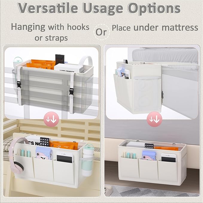 Edudif Dual-purpose Bedside Caddy Bedside Organizer, Bed Caddy with 6 Pockets, Versatile Bedside Storage Solution Magazine Remotes holder, ideal for Home, Dorm, Hospital, Crib Bed (White)