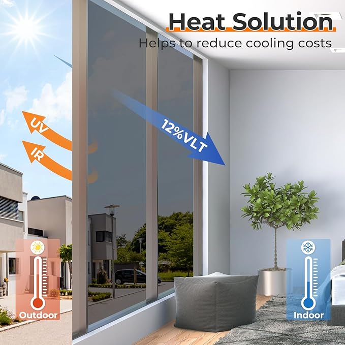 DOWELL Window Privacy Film, One Way Window Tint for Home, Static Cling Anti UV Sun Blocking Reflective Mirror Film, Heat Control See Out Not in Glass Tinting, Black Silver, 35.4" x 157.5"