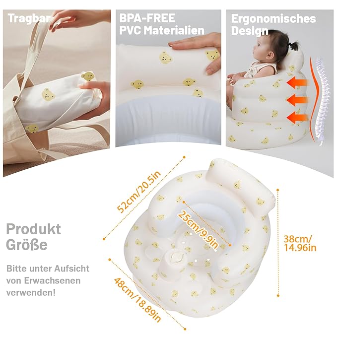 Inflatable Baby Seat, Inflatable Baby Chair for Babies 3 Months and Up, Summer Blow Up Chair with Built in Air Pump, Infant Floor Seats for Learning to Sit, Palying, Camping, Bear Head