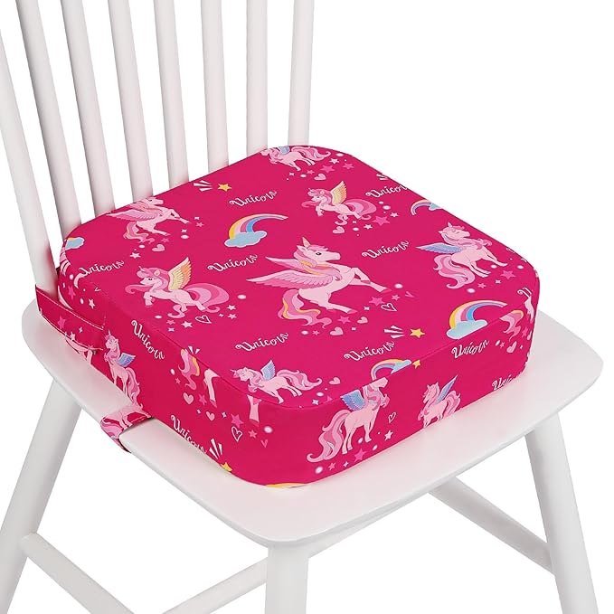 Toddler Booster Seat for Dining Table, 4" Kids Booster Seat for Kitchen Chair with Non-Slip Bottom, Portable Detachable Washable Increasing Cushion with 2 Adjustable Straps (Unicorn)