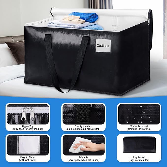 BlissTotes Moving Bags, Heavy Duty Moving Boxes with Zippers Top and Sturdy Handles, Storage Bags for Space Saving and Packing, Collapsible Moving Supplies, Storage Totes (93L, 10-Pack, Black)