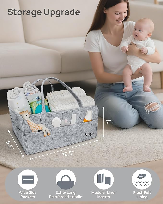 Feagar Baby Diaper Caddy Organizer, 15 Inch Large 2 Pack Set with 8 Pockets & 2 Dividers, Portable Nursery Storage Basket & Car Organizer for Changing Table, Travel (Grey)