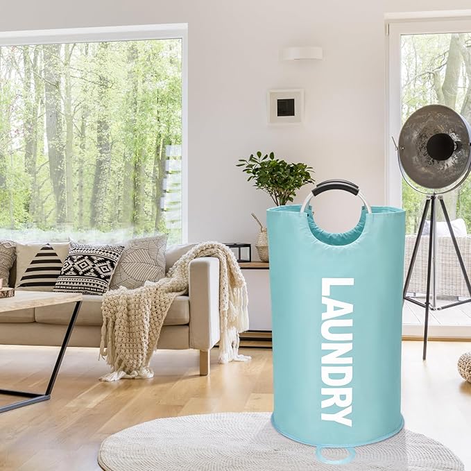 Maxsilan 90L Large Laundry Basket, Freestanding Tall Clothes Hamper, Collapsible Laundry Bag, Light Blue