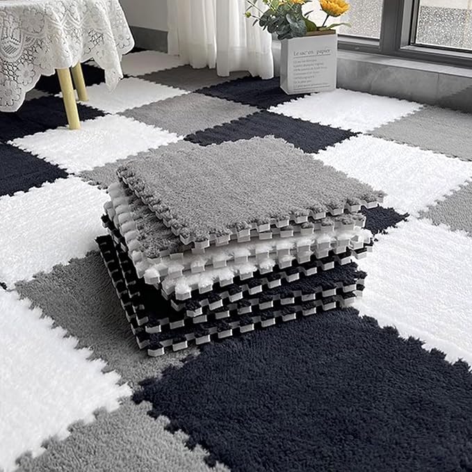 12pcs Plush Puzzle Foam Floor Mat, Cute Soft Fluffy Interlocking Square Foam Tiles Area Rugs Carpet for Parlor Bedroom Decor(11.8x11.8x0.4in, Grey&White&Black)