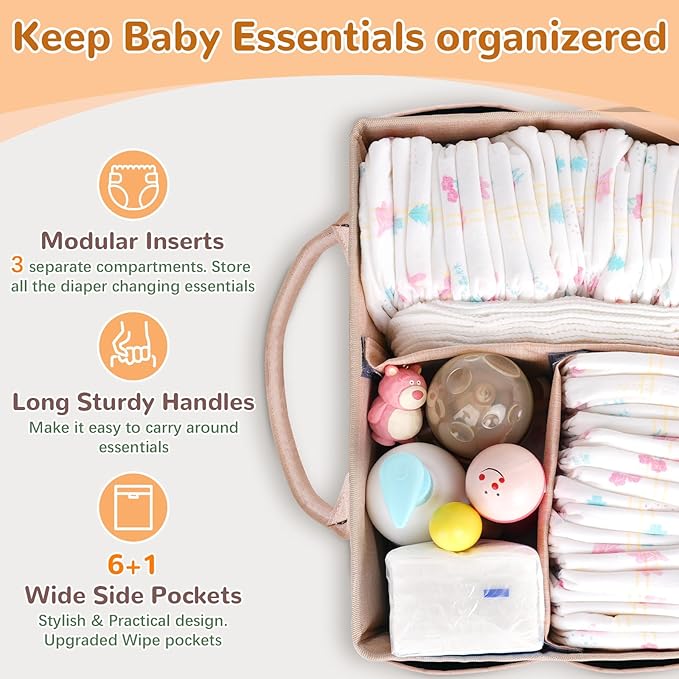 Volnamal Premium Diaper Caddy with Smart Side Wipes Pocket, Diaper Organizer, Portable Car Organizer & Nursery Basket for Newborn Essentials, Perfect Registry Must Haves for Boys & Girls, Beige