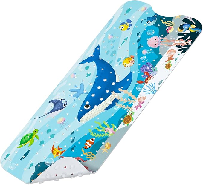 Omedecal Baby Bath Mat for Tub, Non Slip Kids Bath Shower Mat, 40 X 16 Inch Large Bathtub Mat with Drain Holes and Suction Cups for Toddlers, Machine Washable and Waterproof (Whale)